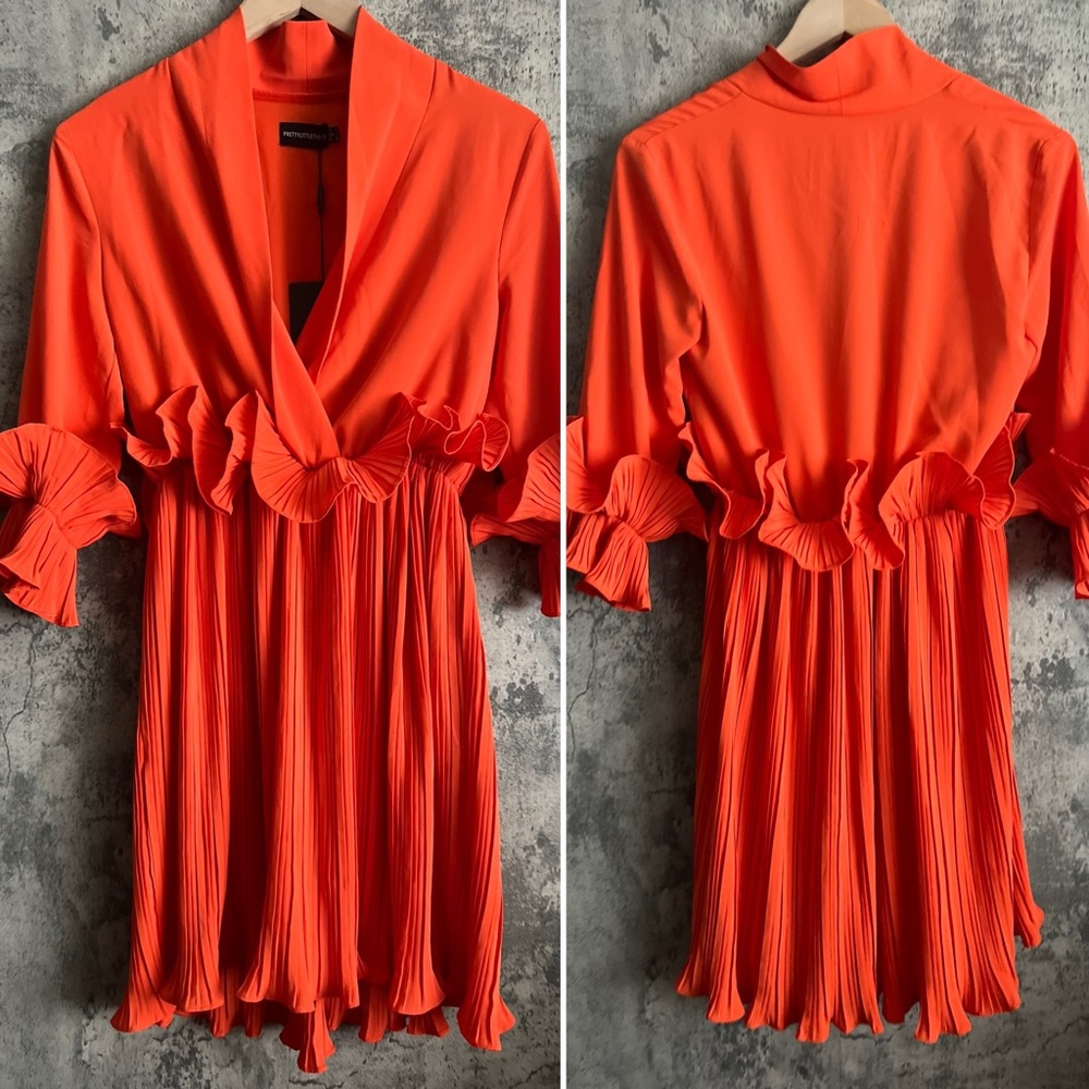Stunning Orange dress with deep v neck and ruffle detail spring/summer dress - Picture 1 of 15